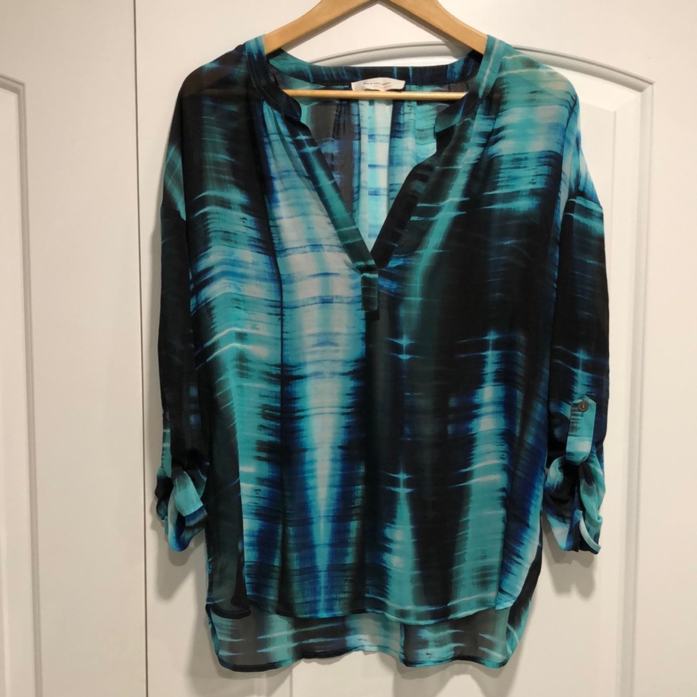 TWO by VINCE CAMUTTO Women's Blue Patterned Sheer Top
